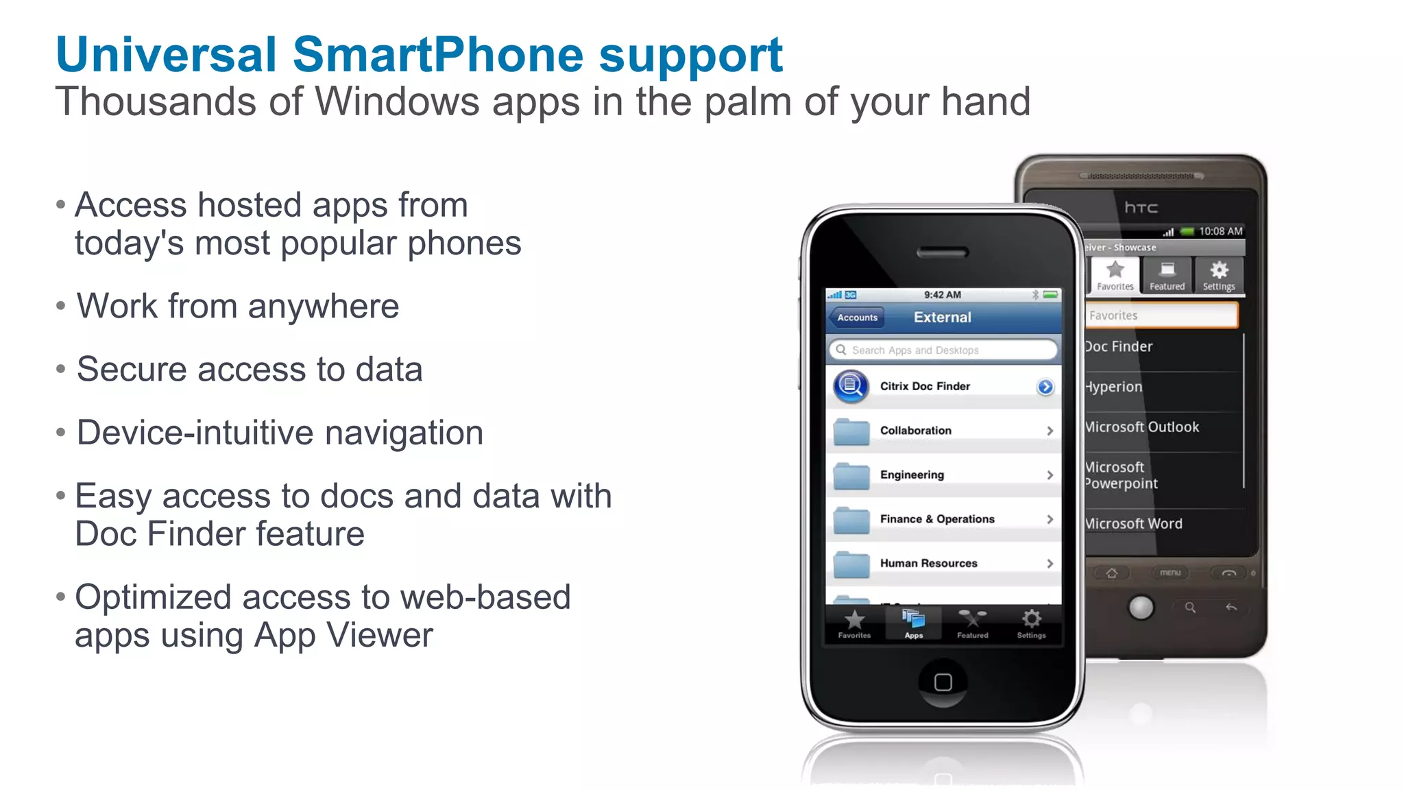 Universal SmartPhone support
Thousands of Windows apps in the palm of your hand

• Access hosted apps from
  today's most popular phones
• Work from anywhere
• Secure access to data
• Device-intuitive navigation
• Easy access to docs and data with
  Doc Finder feature
• Optimized access to web-based
  apps using App Viewer
 