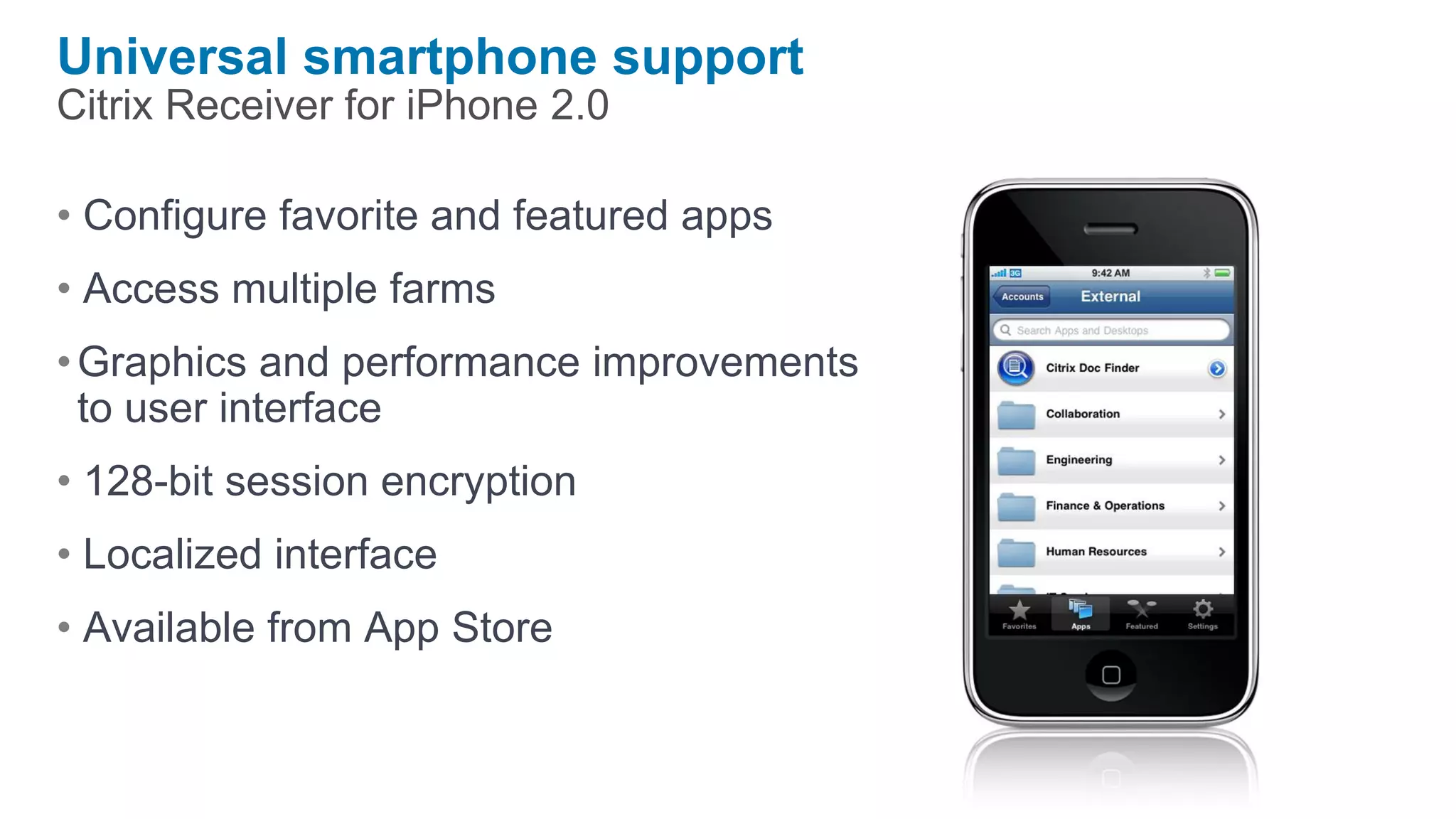 Universal smartphone support
Citrix Receiver for iPhone 2.0

• Configure favorite and featured apps
• Access multiple farms
• Graphics and performance improvements
  to user interface
• 128-bit session encryption
• Localized interface
• Available from App Store
 