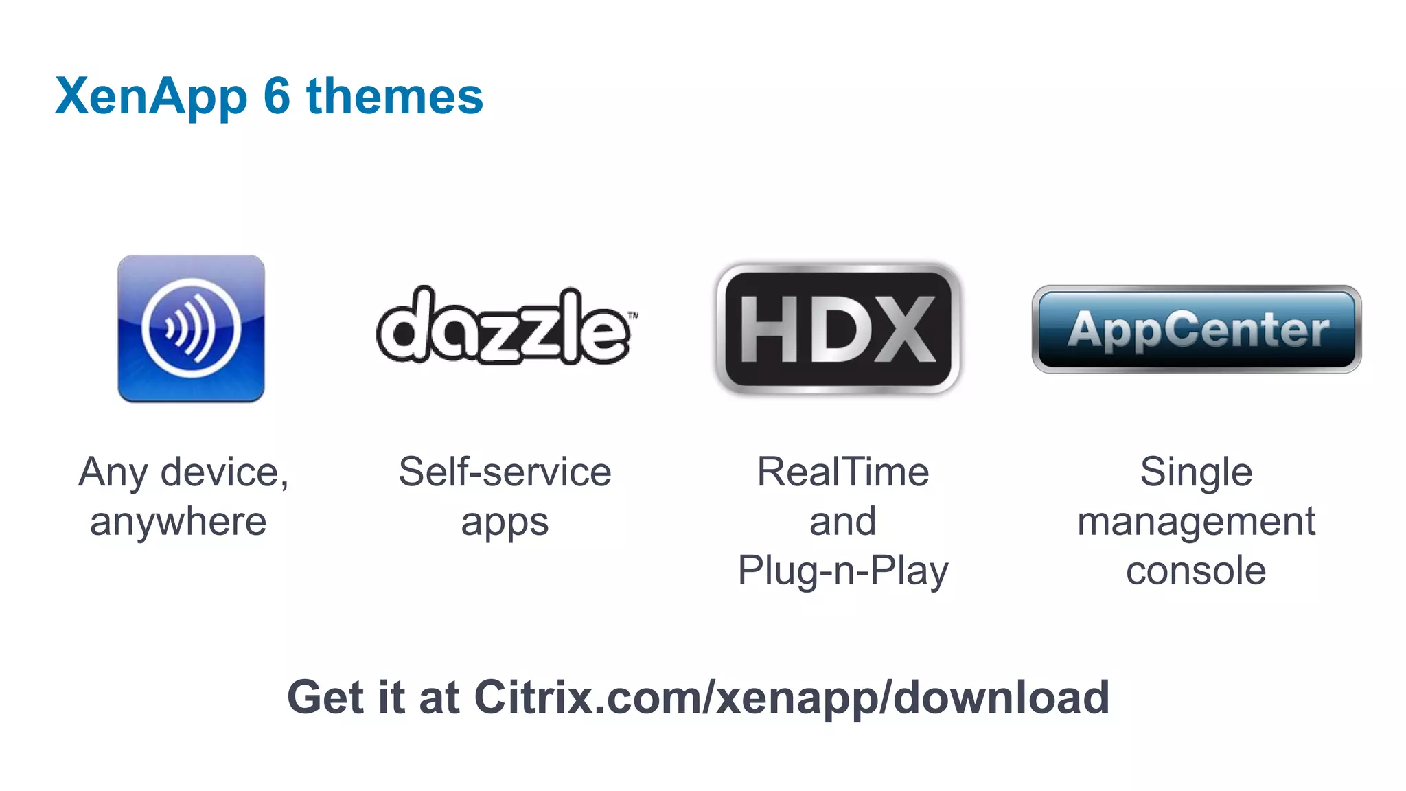 XenApp 6 themes




Any device,   Self-service    RealTime         Single
anywhere         apps            and        management
                             Plug-n-Play      console


          Get it at Citrix.com/xenapp/download
 