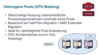 Heterogene Pools (CPU Masking)                           Enterprise



                                                         Advanced
• Gleichzeitige Nutzung unterschiedlicher
  Prozessorgenerationen innerhalb eines Pools
• Basierend auf Intel Flex Migration / AMD Extended
  Migration
• Ideal für nachträgliche Pool-Erweiterung
• CPU Kombinationen sind in HCL                               Pool
  hinterlegt
                                        Intel    Intel      Intel
                          Beispiel:    X55xx    X55xx      X56xx
 