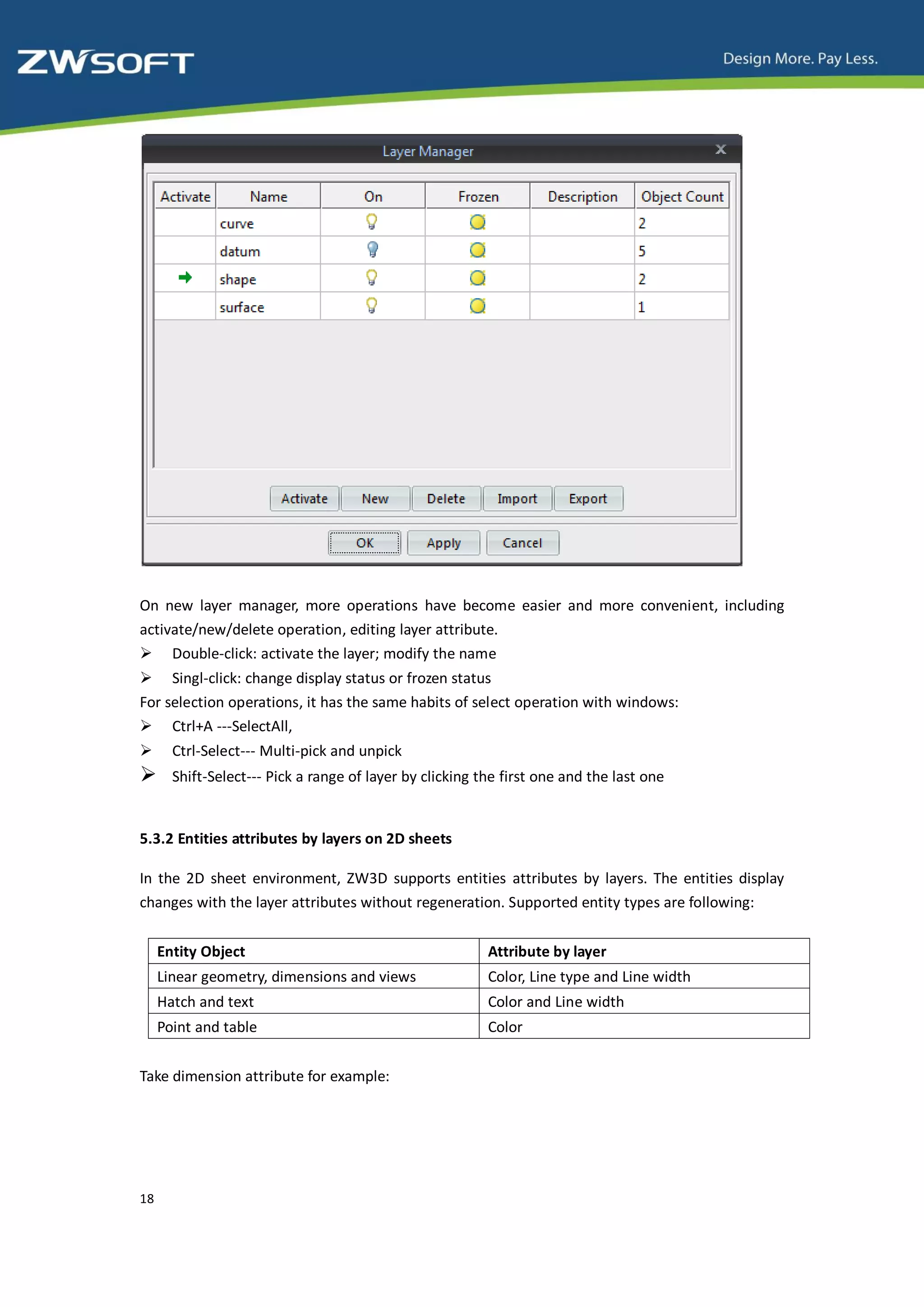 On new layer manager, more operations have become easier and more convenient, including
activate/new/delete operation, editing layer attribute.
 Double-click: activate the layer; modify the name
 Singl-click: change display status or frozen status
For selection operations, it has the same habits of select operation with windows:
 Ctrl+A ---SelectAll,
      Ctrl-Select--- Multi-pick and unpick
      Shift-Select--- Pick a range of layer by clicking the first one and the last one


5.3.2 Entities attributes by layers on 2D sheets

In the 2D sheet environment, ZW3D supports entities attributes by layers. The entities display
changes with the layer attributes without regeneration. Supported entity types are following:


     Entity Object                                        Attribute by layer
     Linear geometry, dimensions and views                Color, Line type and Line width
     Hatch and text                                       Color and Line width
     Point and table                                      Color


Take dimension attribute for example:




18
 