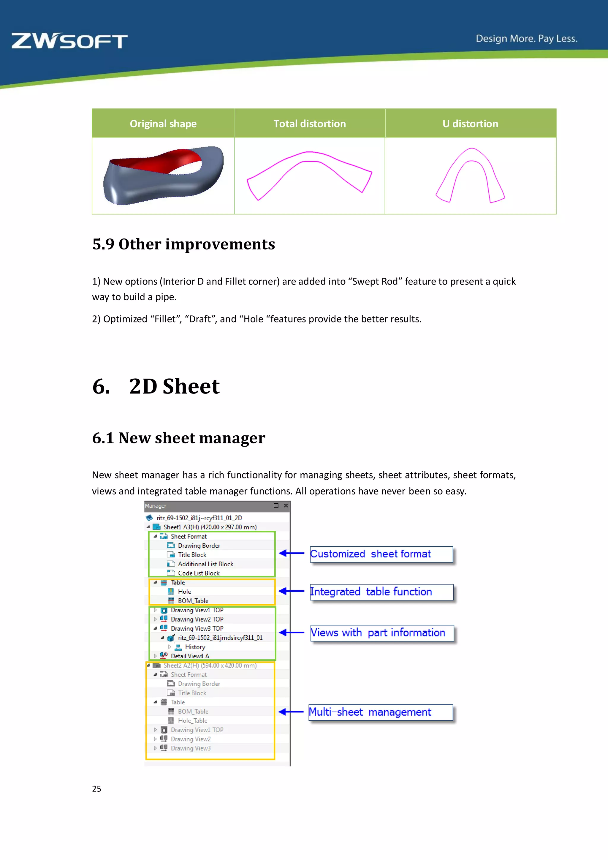 Original shape                    Total distortion                       U distortion




5.9 Other improvements

1) New options (Interior D and Fillet corner) are added into “Swept Rod” feature to present a quick
way to build a pipe.

2) Optimized “Fillet”, “Draft”, and “Hole “features provide the better results.




6. 2D Sheet

6.1 New sheet manager

New sheet manager has a rich functionality for managing sheets, sheet attributes, sheet formats,
views and integrated table manager functions. All operations have never been so easy.




25
 