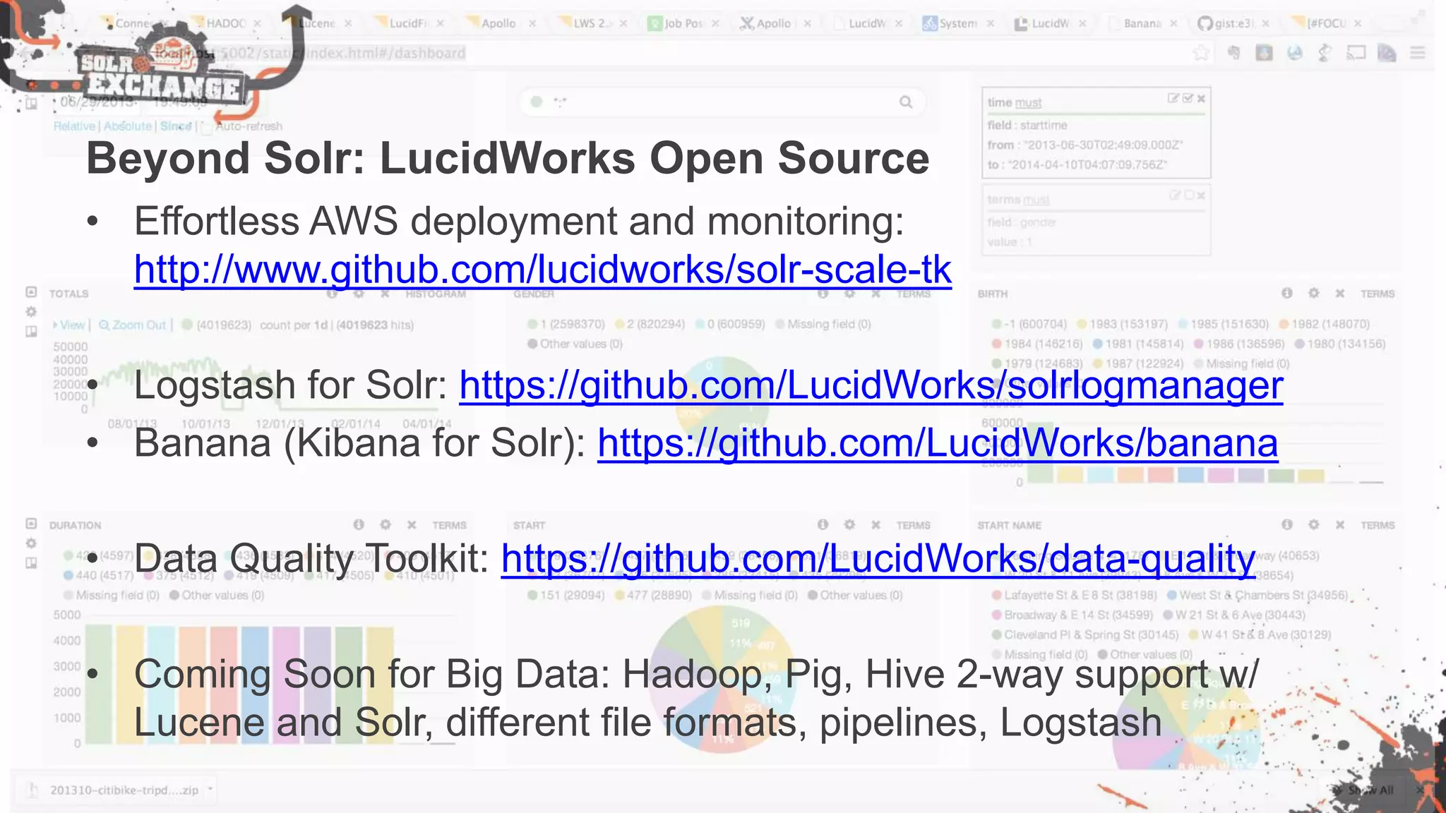 Beyond Solr: LucidWorks Open Source
• Effortless AWS deployment and monitoring:
http://www.github.com/lucidworks/solr-scale-tk
• Logstash for Solr: https://github.com/LucidWorks/solrlogmanager
• Banana (Kibana for Solr): https://github.com/LucidWorks/banana
• Data Quality Toolkit: https://github.com/LucidWorks/data-quality
• Coming Soon for Big Data: Hadoop, Pig, Hive 2-way support w/
Lucene and Solr, different file formats, pipelines, Logstash
 