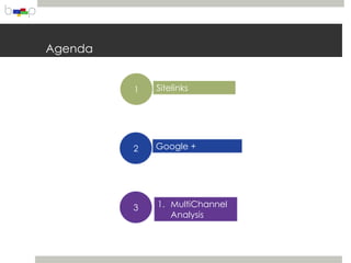 Agenda


         1   Sitelinks




         2   Google +




         3   1. MultiChannel
                Analysis
 