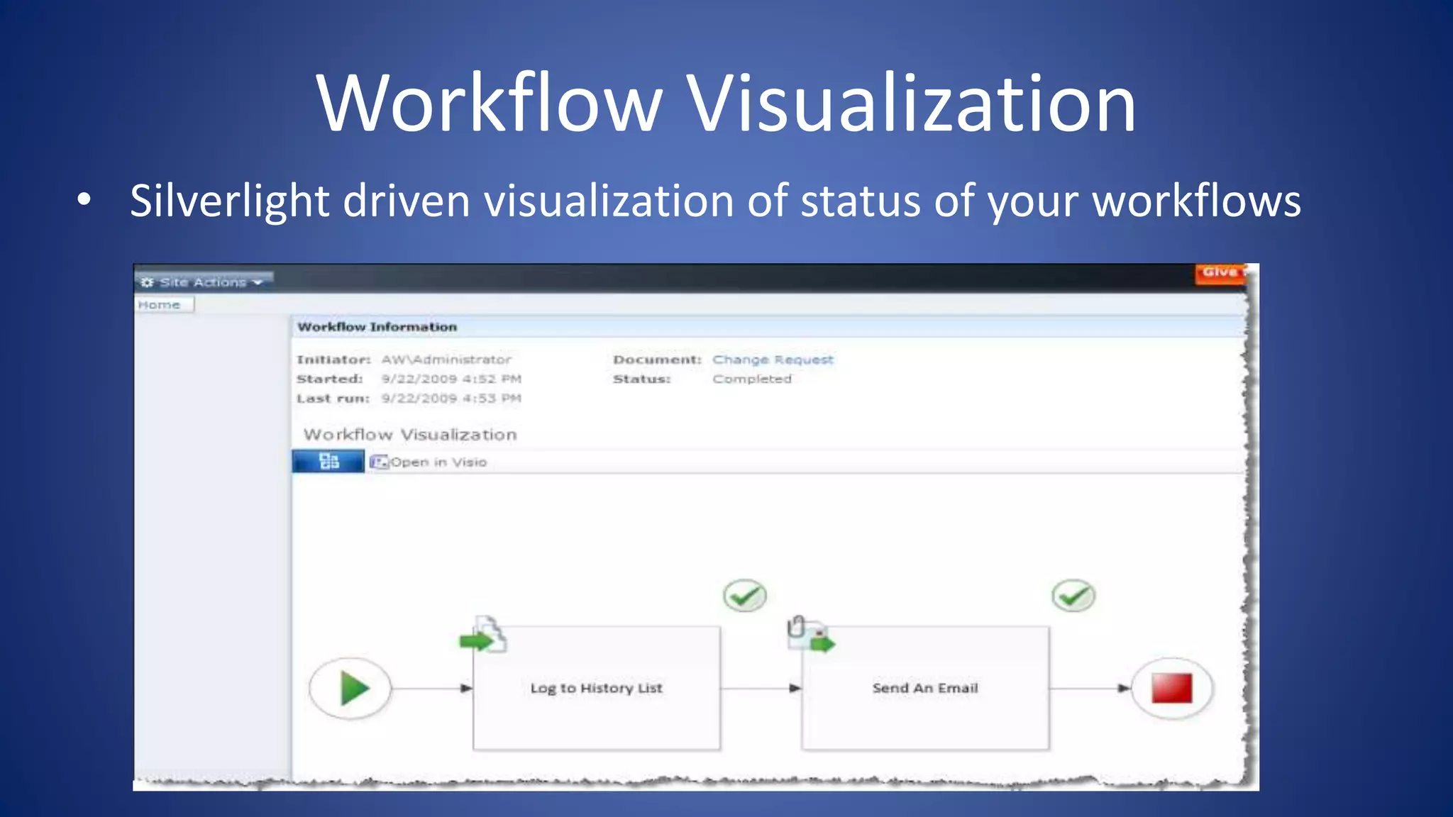 Workflow Visualization
• Silverlight driven visualization of status of your workflows
 