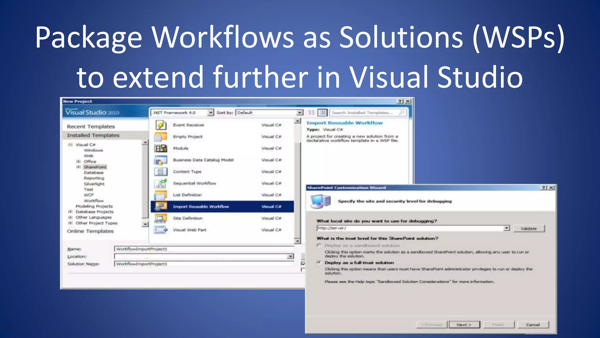 Package Workflows as Solutions (WSPs)
to extend further in Visual Studio
 