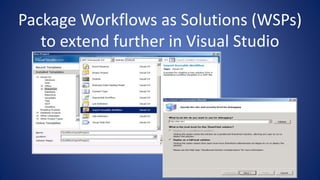 Package Workflows as Solutions (WSPs)
to extend further in Visual Studio
 