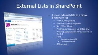 • Expose external data as a native
SharePoint list
– Full CRUD capability
– Familiar UI and navigation
– Sort, Filter, Group
– Programmatic access via SPList OM
– Profile page available for each item in
the list
– Form
• Auto-generated OOB
• Upsize to InfoPath
– Offline-able
External Lists in SharePoint
 