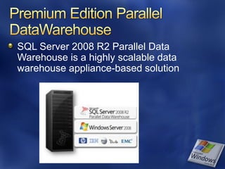 SQL Server 2008 R2 Parallel Data
Warehouse is a highly scalable data
warehouse appliance-based solution
 