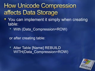 You can implement it simply when creating
table:
  With (Data_Compression=ROW)

or after creating table:

  Alter Table [Name] REBUILD
  WITH(Data_Compression=ROW)
 