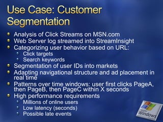 Analysis of Click Streams on MSN.com
Web Server log streamed into StreamInsight
Categorizing user behavior based on URL:
   Click targets
   Search keywords
Segmentation of user IDs into markets
Adapting navigational structure and ad placement in
real time
Patterns over time windows: user first clicks PageA,
then PageB, then PageC within X seconds
High performance requirements
   Millions of online users
   Low latency (seconds)
   Possible late events
 