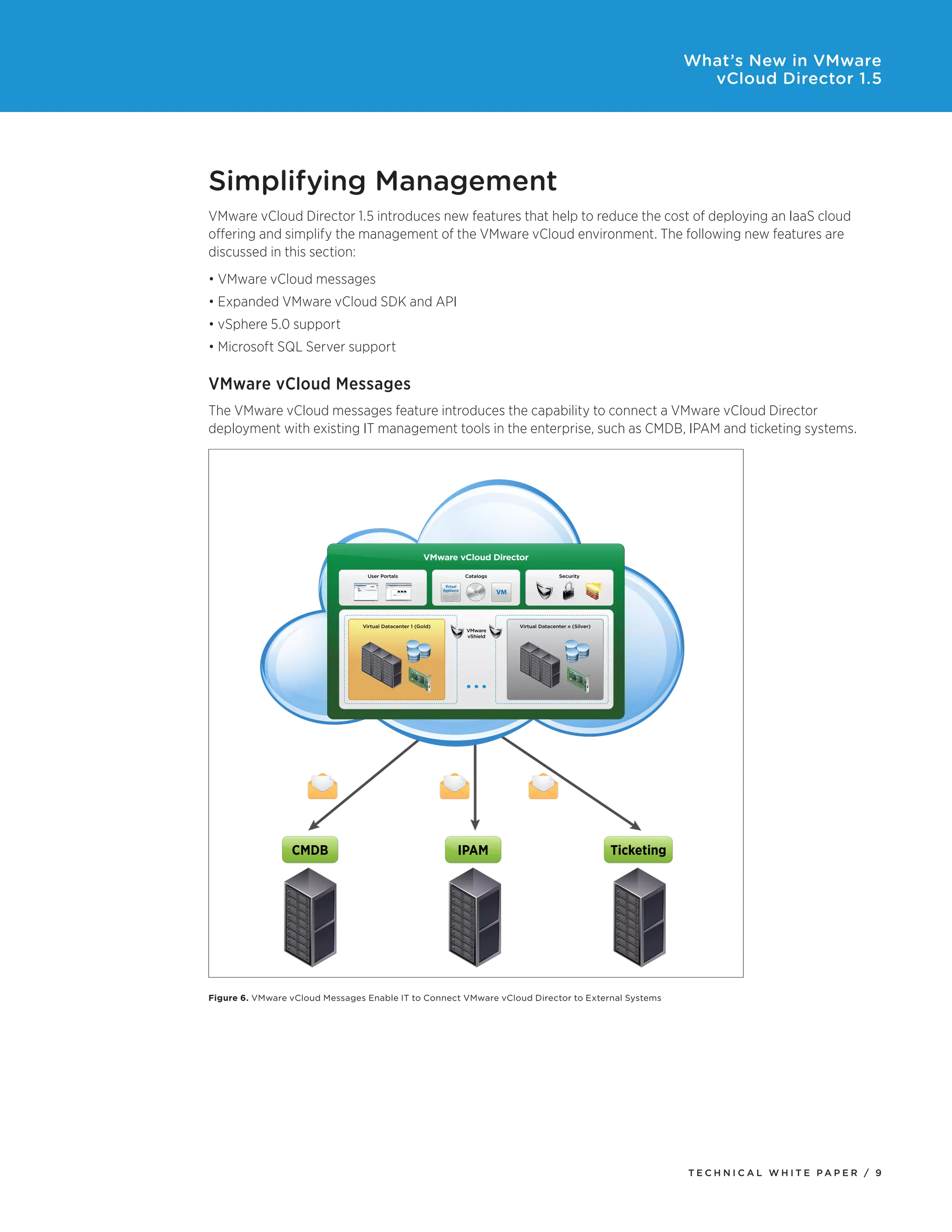 What’s New in VMware
                                                                                                                                        vCloud Director 1.5




Simplifying Management
VMware vCloud Director 1.5 introduces new features that help to reduce the cost of deploying an IaaS cloud
offering and simplify the management of the VMware vCloud environment. The following new features are
discussed in this section:
•	VMware	vCloud	messages
•	Expanded	VMware	vCloud	SDK	and	API
•	vSphere	5.0	support
•	Microsoft	SQL	Server	support

VMware vCloud Messages
The VMware vCloud messages feature introduces the capability to connect a VMware vCloud Director
deployment	with	existing	IT	management	tools	in	the	enterprise,	such	as	CMDB,	IPAM	and	ticketing	systems.	




                                                        VMware vCloud Director

                                 User Portals                             Catalogs                        Security

                                                               Virtual
                                                              Appliance
                                                                                     VM



                                Virtual Datacenter 1 (Gold)                               Virtual Datacenter n (Silver)
                                                                          VMware
                                                                          vShield




                 CMDB                                                 IPAM                                                Ticketing




Figure 6. VMware vCloud Messages Enable IT to Connect VMware vCloud Director to External Systems




                                                                                                                                      Tech n i c al Wh iTe PaPe R / 9
 