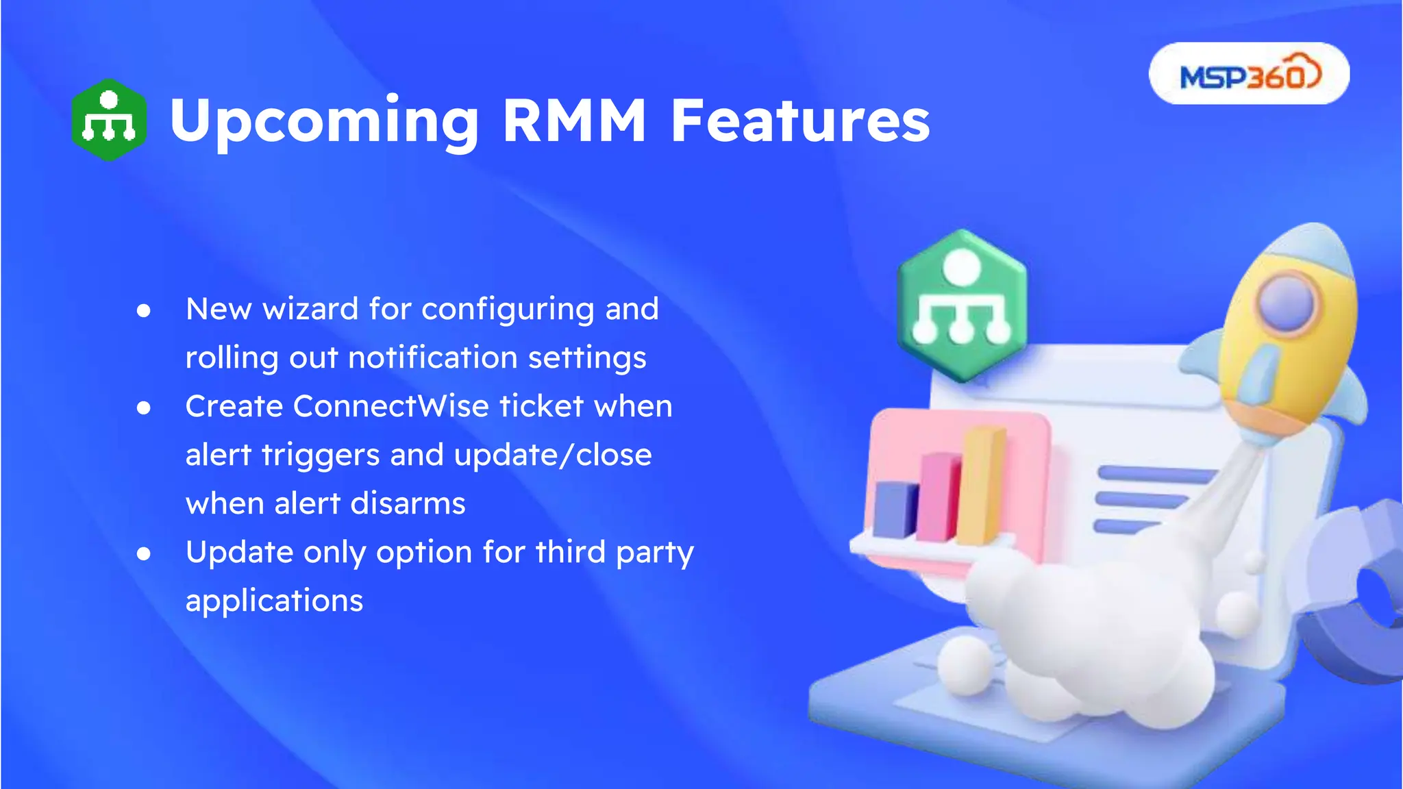 ● New wizard for configuring and
rolling out notification settings
● Create ConnectWise ticket when
alert triggers and update/close
when alert disarms
● Update only option for third party
applications
Upcoming RMM Features
 
