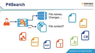 P4Search 
SERVER OPTIMIZATIONS 
??? 
File names, 
Changes ... 
File content? 
C# 
.h 
JAVA 
PPTX 
PDF 
 
