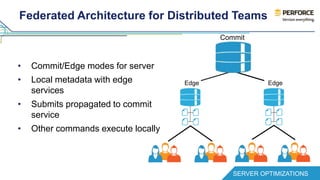 Federated Architecture for Distributed Teams 
• Commit/Edge modes for server 
• Local metadata with edge 
services 
• Submits propagated to commit 
service 
• Other commands execute locally 
Commit 
Edge Edge 
SERVER OPTIMIZATIONS 
 