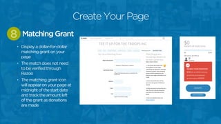 • Display a dollar-for-dollar
matching grant on your
page
• The match does not need
to be verified through
Razoo
• The matching grant icon
will appear on your page at
midnight of the start date
and track the amount left
of the grant as donations
are made
Matching Grant8
Create Your Page
 