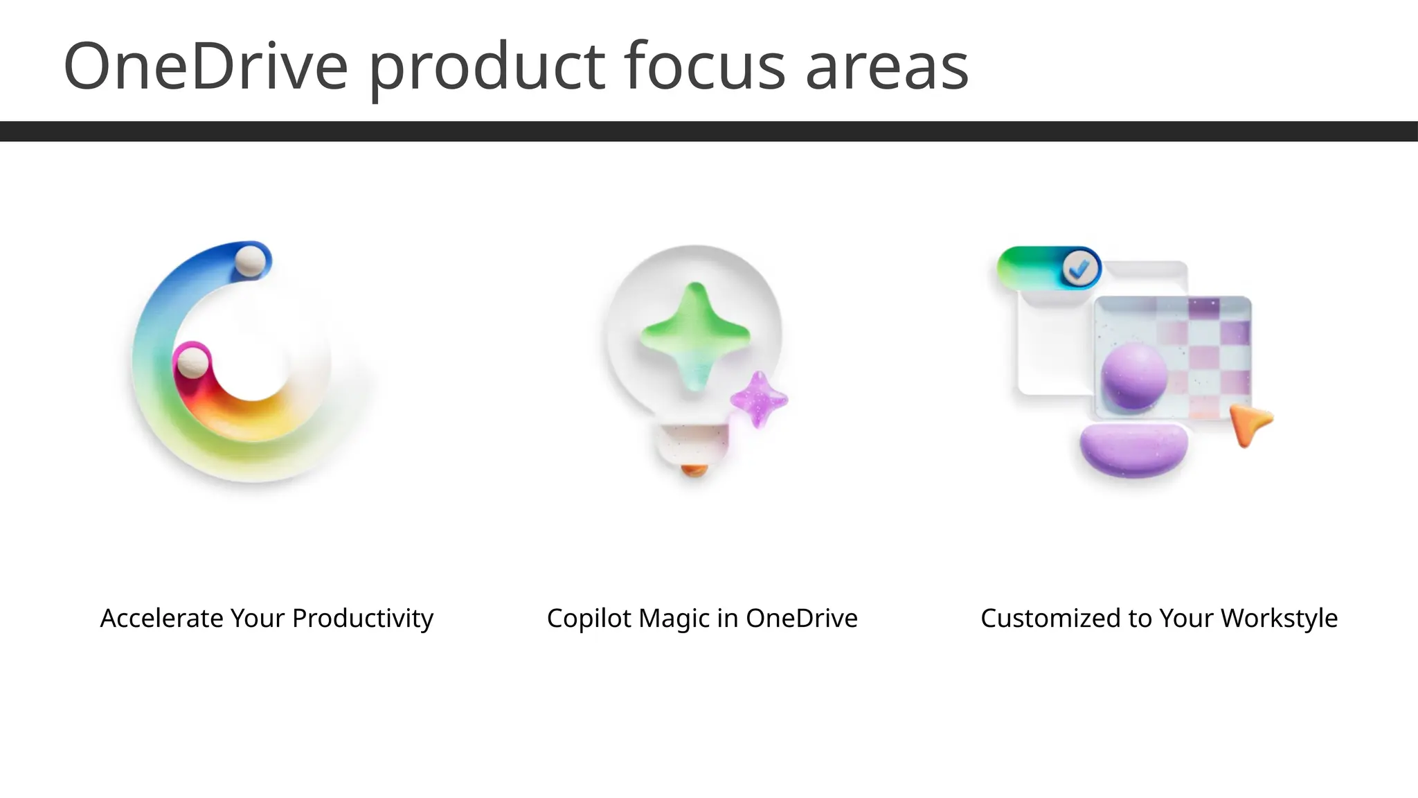 OneDrive product focus areas
Copilot Magic in OneDrive
Accelerate Your Productivity Customized to Your Workstyle
 