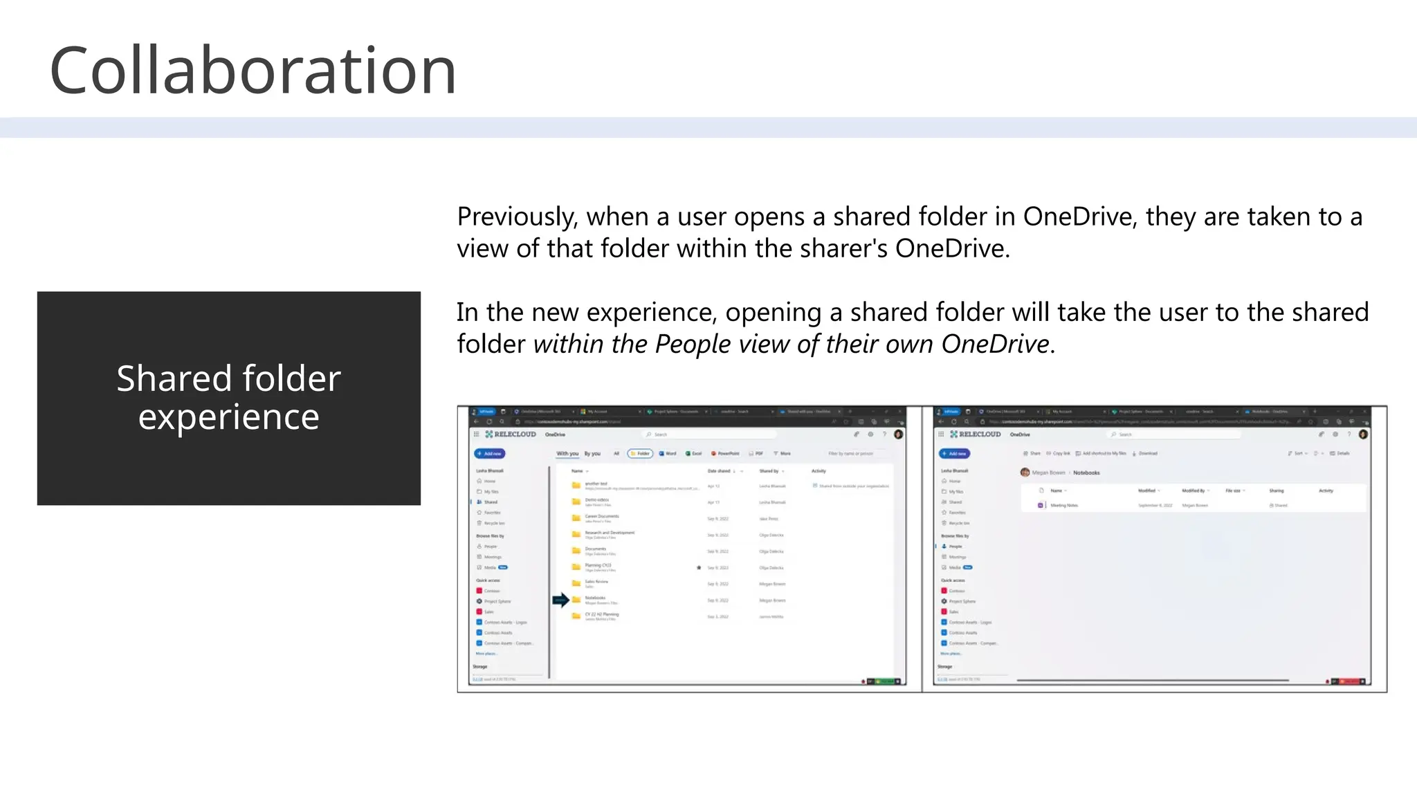 Collaboration
Shared folder
experience
Previously, when a user opens a shared folder in OneDrive, they are taken to a
view of that folder within the sharer's OneDrive.
In the new experience, opening a shared folder will take the user to the shared
folder within the People view of their own OneDrive.
 