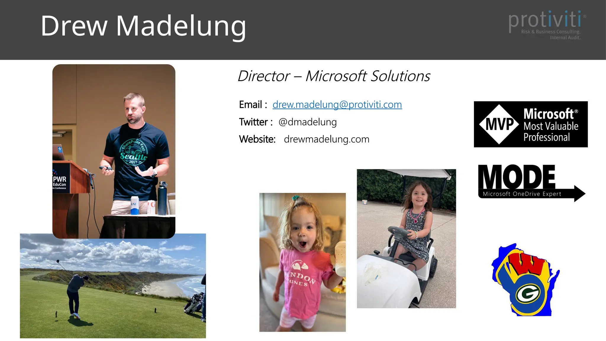 Drew Madelung
Email : drew.madelung@protiviti.com
Twitter : @dmadelung
Website: drewmadelung.com
Director – Microsoft Solutions
 