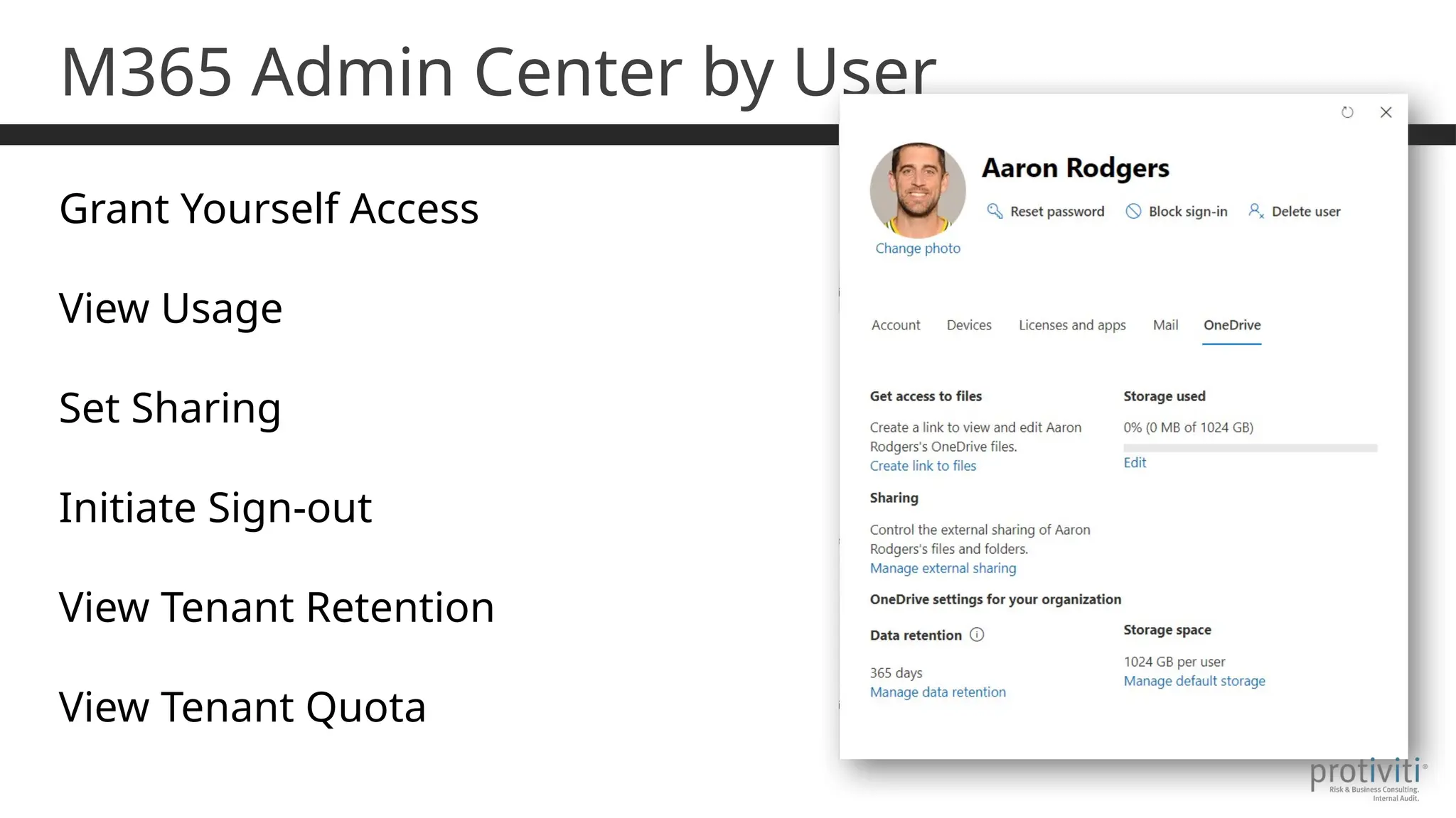 M365 Admin Center by User
Grant Yourself Access
View Usage
Set Sharing
Initiate Sign-out
View Tenant Retention
View Tenant Quota
 