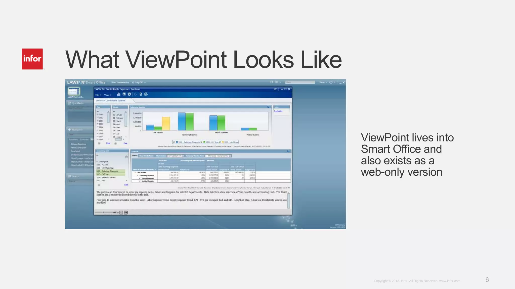 What ViewPoint Looks Like


                            ViewPoint lives into
                            Smart Office and
                            also exists as a
                            web-only version




                              Copyright © 2012. Infor. All Rights Reserved. www.infor.com   6
 