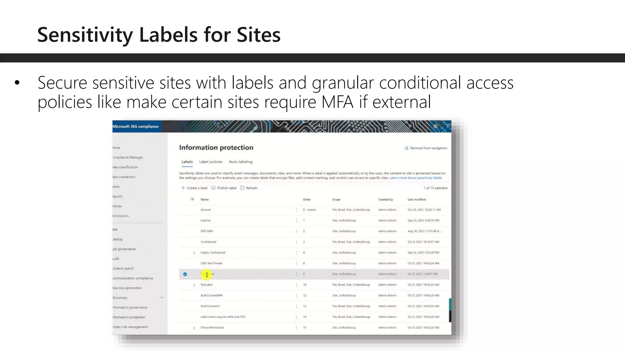 • Secure sensitive sites with labels and granular conditional access
policies like make certain sites require MFA if external
 