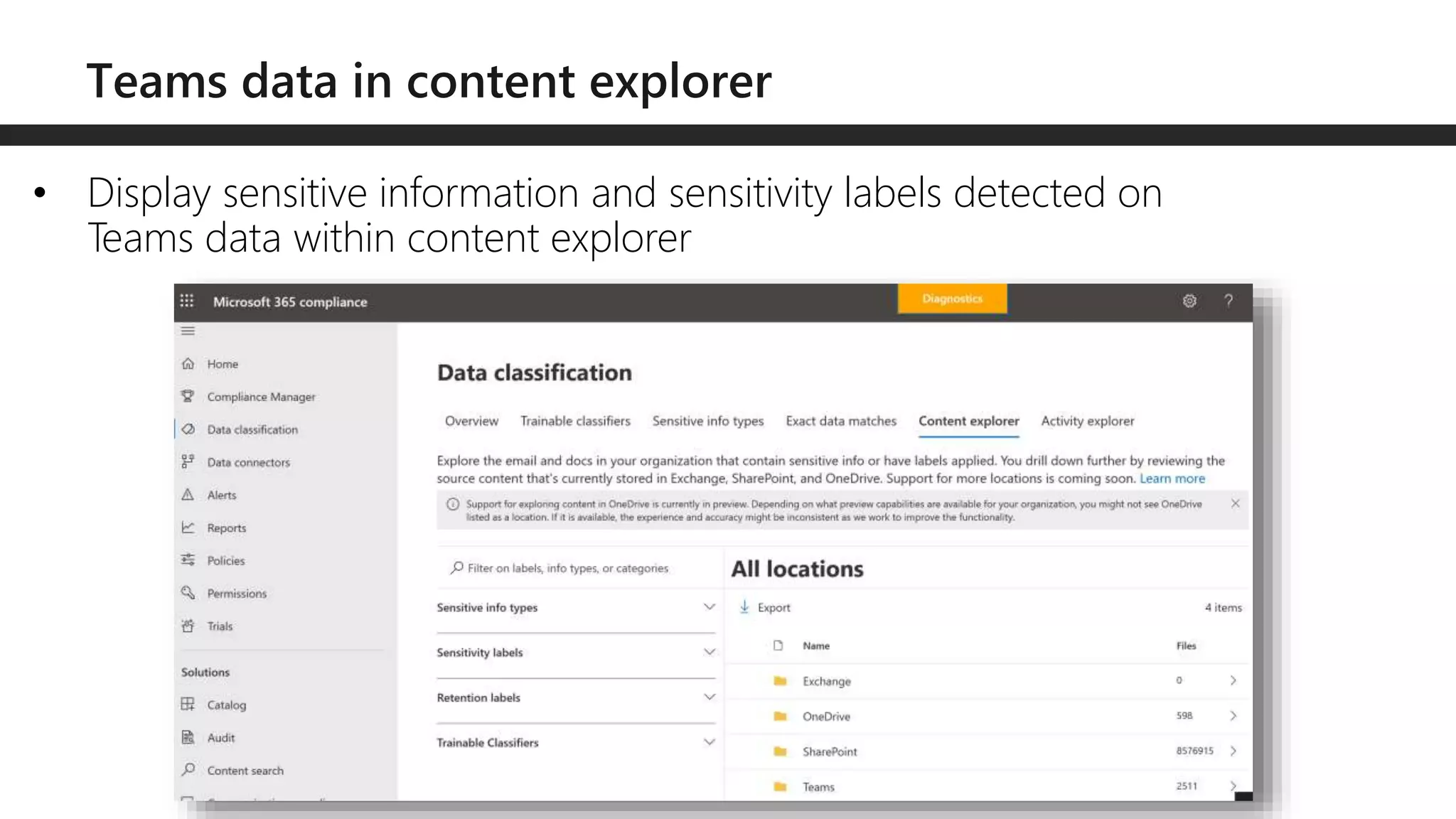 • Display sensitive information and sensitivity labels detected on
Teams data within content explorer
 