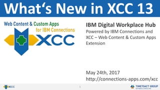 1
What‘s New in XCC 13
May 24th, 2017
http://connections-apps.com/xcc
IBM Digital Workplace Hub
Powered by IBM Connections and
XCC – Web Content & Custom Apps
Extension
 