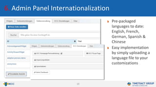 10
6. Admin Panel Internationalization
Pre-packaged
languages to date:
English, French,
German, Spanish &
Chinese
Easy implementation
by simply uploading a
language file to your
customizations
 