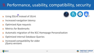 14
9. Performance, usability, compatibility, security
Using ESLint instead of JSLint
Increased navigation latency
Optimized Ajax requests
Metrics for Bookmarks
Automatic migration of the XCC Homepage Personalization
Optimized internal Database Queries
Increased compatibility for older
jQuery versions
 