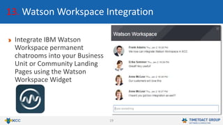 19
13. Watson Workspace Integration
Integrate IBM Watson
Workspace permanent
chatrooms into your Business
Unit or Community Landing
Pages using the Watson
Workspace Widget
 