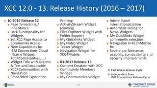 29
10.2016 Release 12
Page Templating /
Inheritance
Lock Functionality for
Widgets
Set XCC Page Access to
Community Access
New Capabilities for
IBM Connections Cloud
(Iframe Widget,
XCC4Communities, …)
Widget Title with Graphic
& Text and Localizable
XCC4Communities with
Navigation
Embedded Experience
Printing
ActivityStream Widget
(coming)
Files Explorer Widget with
Folder Support
My Quicklinks Widget
My Notes Widget
Teaser Widget
Navigation Widget for
XCC4Mobile
03.2017 Release 13
Content Creation with XCC
Community Members
Widget
My Communities Widget
Admin Panel
internationalization
Automatic sliding for
News Widgets
My Quicklinks Widget
community selection
Navigation in XCC4Mobile
fix
Several performance,
usability, compatibility and
security improvements
XCC 12.0 - 13. Release History (2016 – 2017)
Fast Weeks Release Cycle
Independent from
IBM Connections Release Cycle
 