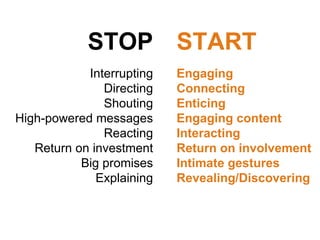 STOP Interrupting Directing Shouting High-powered messages Reacting Return on investment Big promises Explaining START Engaging Connecting Enticing Engaging content Interacting Return on involvement Intimate gestures Revealing/Discovering 
