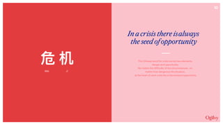 Inacrisisthereisalways
theseedofopportunity
The Chinese word for crisis carries two elements,
danger and opportunity.
No matter the difficulty of the circumstances, no
matter how dangerous the situation,
at the heart of each crisis lies a tremendous opportunity.
危 机
Wēi Jī
10
 