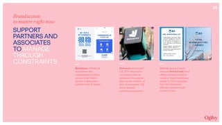 20
Brandactions
to matter right now:
SUPPORT
PARTNERS AND
ASSOCIATES
TO MANAGE
THROUGH
CONSTRAINTS
Bytedance offered all
enterprises and
organisations in China
access to its Feishu
remote collaboration
platform free of charge.
Deliveroo announced
a 15-20% discount in
commission fees to
restaurants to support
them as the number of
dine-in customers fall,
and a delayed
commission payment.
Alibaba’s grocery-store
network Hema Fresh hired
offline restaurant staff to
create a “shared employee”
model. 2,700 employees
from 40 companies
affected obtained a job
in Hema Fresh.
 