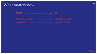 41
FROM
Purpose in words
Self interest
TO
Purpose in action
Act like a leader
What matters now
 