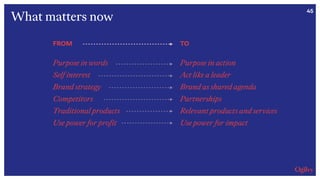 45
FROM
Purpose in words
Self interest
Brand strategy
Competitors
Traditional products
Use power for profit
TO
Purpose in action
Act like a leader
Brand as shared agenda
Partnerships
Relevant products and services
Use power for impact
What matters now
 