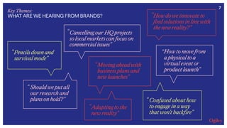 Key Themes:
WHAT ARE WE HEARING FROM BRANDS?
7
Pencils down and
survival mode”
“
Moving ahead with
business plans and
new launches”
Confused about how
to engage in a way
that won’t backfire”
Adapting to the
new reality”
Cancelling our HQ projects
so local markets can focus on
commercial issues”
“
“ Should we put all
our research and
plans on hold?” “
“
“
How do we innovate to
find solutions in line with
the new reality?”
“
How to move from
a physical to a
virtual event or
product launch”
“
 