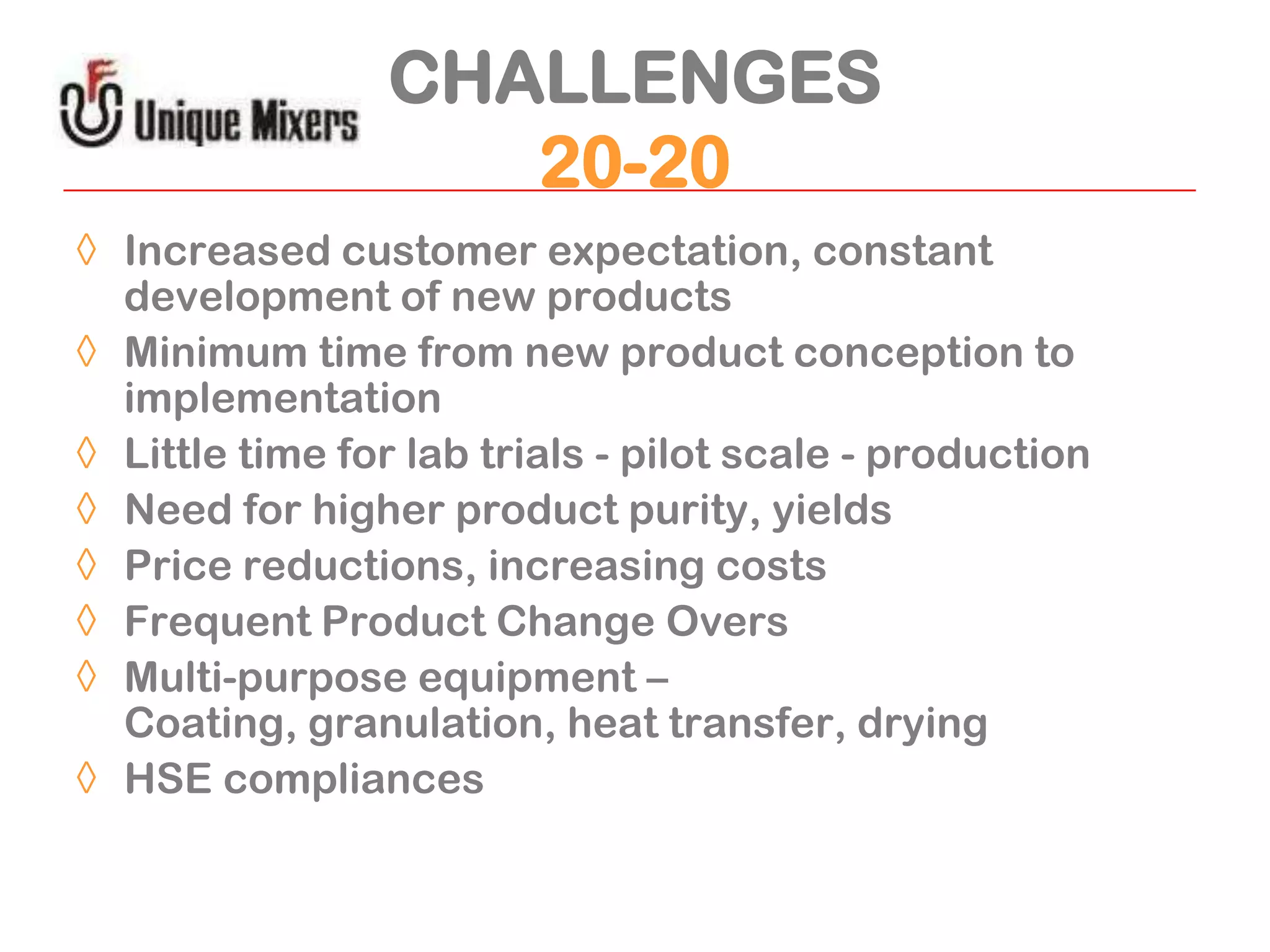 CHALLENGES
20-20
◊ Increased customer expectation, constant
development of new products
◊ Minimum time from new product conception to
implementation
◊ Little time for lab trials - pilot scale - production
◊ Need for higher product purity, yields
◊ Price reductions, increasing costs
◊ Frequent Product Change Overs
◊ Multi-purpose equipment –
Coating, granulation, heat transfer, drying
◊ HSE compliances

 