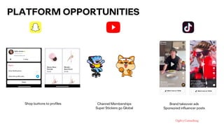 PLATFORM OPPORTUNITIES
Channel Memberships
Super Stickers go Global
Shop buttons to profiles Brand takeover ads
Sponsored ...