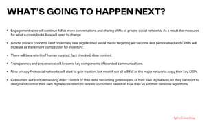 WHAT’S GOING TO HAPPEN NEXT?
• Engagement rates will continue fall as more conversations and sharing shifts to private soc...