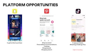 PLATFORM OPPORTUNITIES
In app purchases
#Hashtag Challenge Plus
Shop by brand
Personalised recommendations
Catalogs
Shoppi...