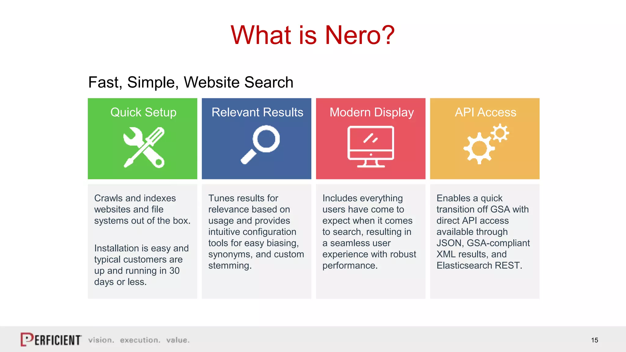 15
What is Nero?
Crawls and indexes
websites and file
systems out of the box.
Installation is easy and
typical customers are
up and running in 30
days or less.
Quick Setup Relevant Results Modern Display API Access
Tunes results for
relevance based on
usage and provides
intuitive configuration
tools for easy biasing,
synonyms, and custom
stemming.
Includes everything
users have come to
expect when it comes
to search, resulting in
a seamless user
experience with robust
performance.
Enables a quick
transition off GSA with
direct API access
available through
JSON, GSA-compliant
XML results, and
Elasticsearch REST.
Fast, Simple, Website Search
 
