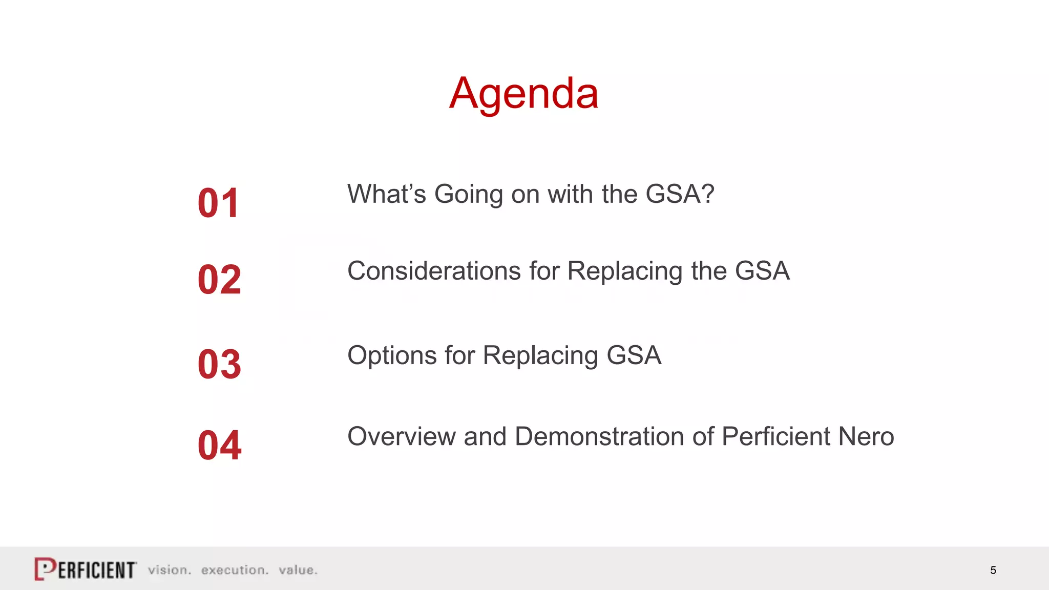 5
Agenda
What’s Going on with the GSA?
Considerations for Replacing the GSA
Options for Replacing GSA
Overview and Demonstration of Perficient Nero
01
02
03
04
 