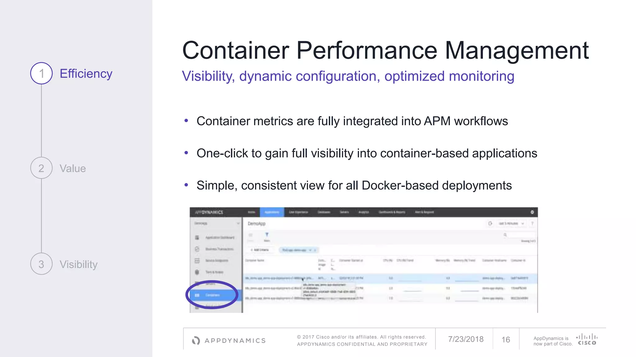 © 2017 Cisco and/or its affiliates. All rights reserved.
APPDYNAMICS CONFIDENTIAL AND PROPRIETARY
AppDynamics is
now part of Cisco.
• Container metrics are fully integrated into APM workflows
• One-click to gain full visibility into container-based applications
• Simple, consistent view for all Docker-based deployments
Container Performance Management
Visibility, dynamic configuration, optimized monitoring1 Efficiency
2 Value
3 Visibility
7/23/2018 16
 