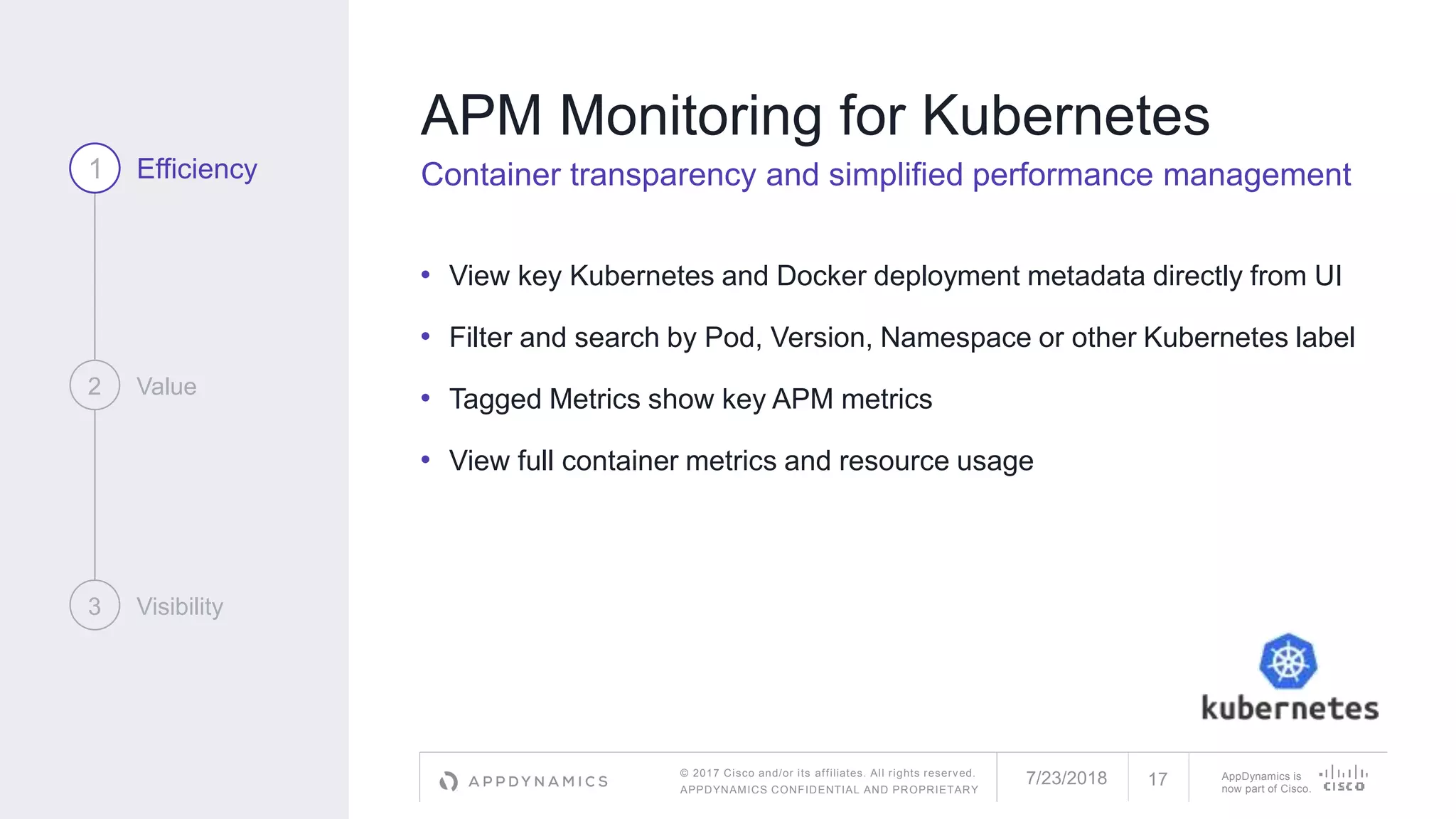 © 2017 Cisco and/or its affiliates. All rights reserved.
APPDYNAMICS CONFIDENTIAL AND PROPRIETARY
AppDynamics is
now part of Cisco.
APM Monitoring for Kubernetes
Container transparency and simplified performance management
• View key Kubernetes and Docker deployment metadata directly from UI
• Filter and search by Pod, Version, Namespace or other Kubernetes label
• Tagged Metrics show key APM metrics
• View full container metrics and resource usage
1 Efficiency
2 Value
3 Visibility
7/23/2018 17
 