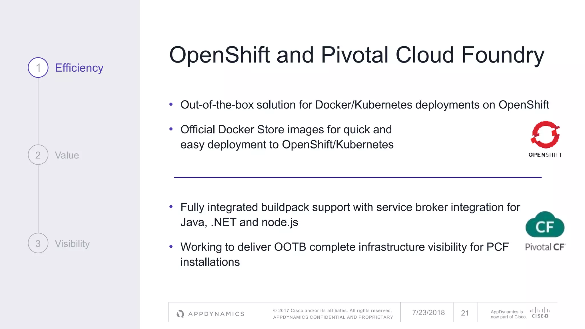 © 2017 Cisco and/or its affiliates. All rights reserved.
APPDYNAMICS CONFIDENTIAL AND PROPRIETARY
AppDynamics is
now part of Cisco.
OpenShift and Pivotal Cloud Foundry
• Out-of-the-box solution for Docker/Kubernetes deployments on OpenShift
• Official Docker Store images for quick and
easy deployment to OpenShift/Kubernetes
1 Efficiency
2 Value
3 Visibility
7/23/2018 21
• Fully integrated buildpack support with service broker integration for
Java, .NET and node.js
• Working to deliver OOTB complete infrastructure visibility for PCF
installations
 