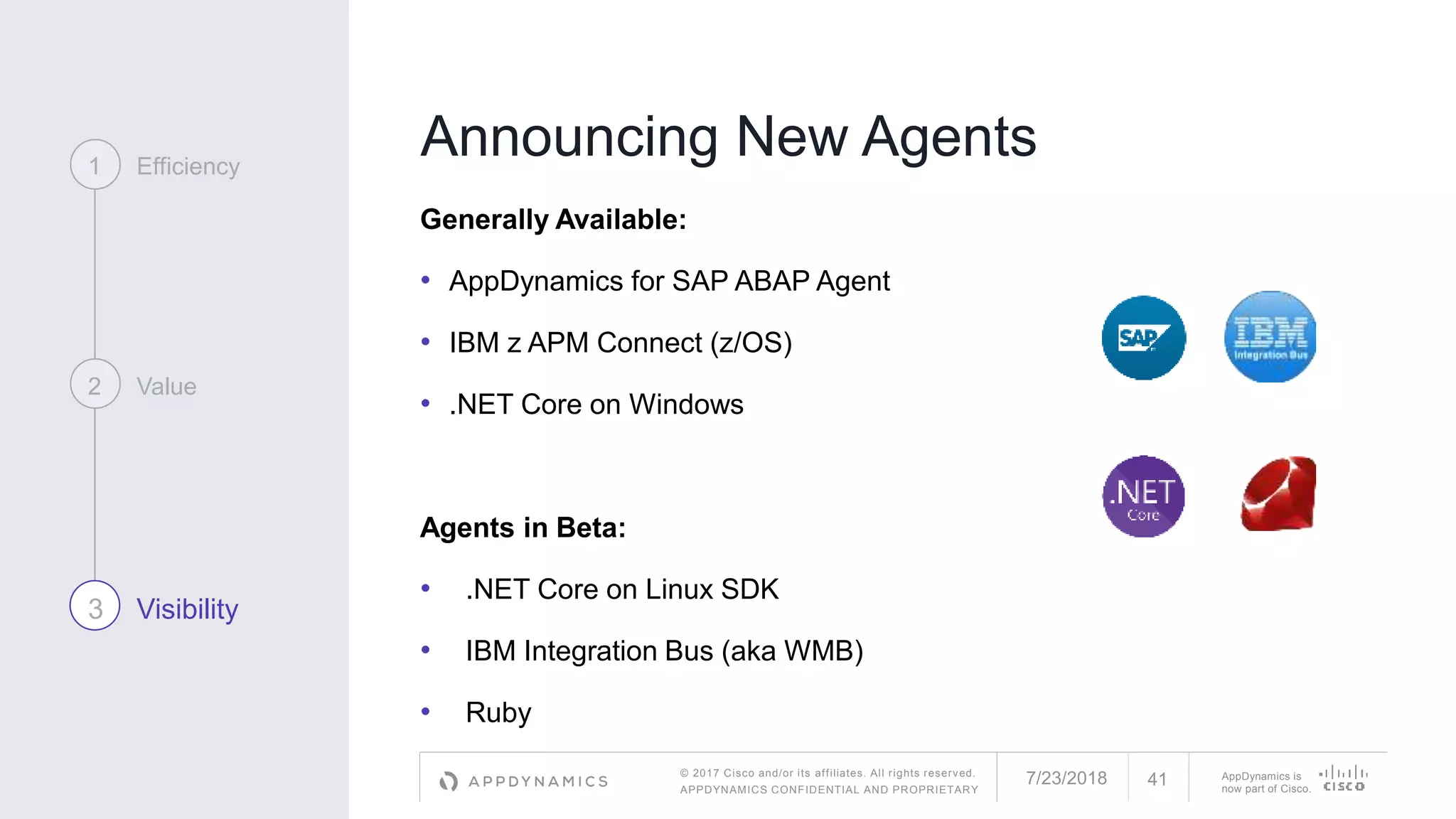 © 2017 Cisco and/or its affiliates. All rights reserved.
APPDYNAMICS CONFIDENTIAL AND PROPRIETARY
AppDynamics is
now part of Cisco.
Announcing New Agents
Generally Available:
• AppDynamics for SAP ABAP Agent
• IBM z APM Connect (z/OS)
• .NET Core on Windows
Agents in Beta:
• .NET Core on Linux SDK
• IBM Integration Bus (aka WMB)
• Ruby
1 Efficiency
2 Value
3 Visibility
7/23/2018 41
 