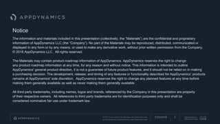 © 2017 Cisco and/or its affiliates. All rights reserved.
APPDYNAMICS CONFIDENTIAL AND PROPRIETARY
AppDynamics is
now part of Cisco.
Notice
The information and materials included in this presentation (collectively, the “Materials”) are the confidential and proprietary
information of AppDynamics LLC (the “Company”). No part of the Materials may be reproduced, distributed, communicated or
displayed in any form or by any means, or used to make any derivative work, without prior written permission from the Company.
© 2018 AppDynamics LLC. All rights reserved.
The Materials may contain product roadmap information of AppDynamics. AppDynamics reserves the right to change
any product roadmap information at any time, for any reason and without notice. This information is intended to outline
AppDynamics' general product direction, it is not a guarantee of future product features, and it should not be relied on in making
a purchasing decision. The development, release, and timing of any features or functionality described for AppDynamics' products
remains at AppDynamics' sole discretion. AppDynamics reserves the right to change any planned features at any time before
making them generally available as well as never making them generally available
All third party trademarks, including names, logos and brands, referenced by the Company in this presentation are property
of their respective owners. All references to third party trademarks are for identification purposes only and shall be
considered nominative fair use under trademark law.
7/23/2018 2
 