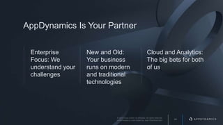 44
© 2017 Cisco and/or its affiliates. All rights reserved.
APPDYNAMICS CONFIDENTIAL AND PROPRIETARY
AppDynamics Is Your Partner
Enterprise
Focus: We
understand your
challenges
New and Old:
Your business
runs on modern
and traditional
technologies
Cloud and Analytics:
The big bets for both
of us
 